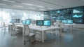 A modern office space with multiple computer workstations and large screens displaying data visualizations Royalty Free Stock Photo