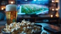 Home viewing of football match with beer, popcorn and remote control on table in front of modern TV and American football stadium