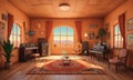 cozy living room with warm orange walls, large arched window, and red rug, featuring piano, coffee table, and