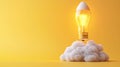 A glowing light bulb floats above a fluffy cloud against a vibrant yellow background, AI Royalty Free Stock Photo