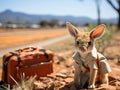 Blurry kangaroo baby with suitcase as businessman