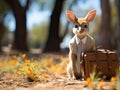 Blurry kangaroo baby with suitcase as businessman