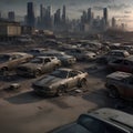 A decaying city with a large number of old, rusted cars and trucks.