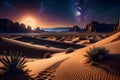 image depicts a desert at night, where vivid and realistic colors breathe life into the landscape. Royalty Free Stock Photo