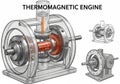 Illustration of a thermomagnetic engine showcasing its internal components and mechanisms Royalty Free Stock Photo