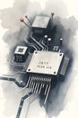 Watercolor Circuit Board Chip Illustration - Technology, Electronics & Microprocessor Design Concepts Royalty Free Stock Photo
