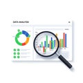 A magnifying glass examining various data analysis charts and graphs on a screen Royalty Free Stock Photo