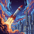 Rocket launching into the night sky over a city Royalty Free Stock Photo