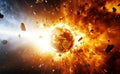 This image depicts Earth exploding, Armageddon illustration, and the end of time. NASA provided elements to this image. Royalty Free Stock Photo