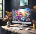 Editing Computer with Creative Pictures on Black Background