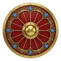 Intricate golden and red circular shield with ornate blue accents and central emblem Royalty Free Stock Photo