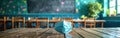 Empty Classroom with COVID-19 Precautions: Face Mask on Raised Chair and Defocused Blackboard Background Royalty Free Stock Photo