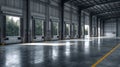 A pristine, expansive warehouse interior filled with natural light streaming through open loading docks Royalty Free Stock Photo