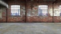 A large empty warehouse with a red brick wall and two windows. Royalty Free Stock Photo