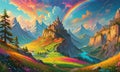 vibrant fantasy landscape features castle atop mountain, surrounded by lush valley, rainbow arching across