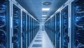 AI-generated data center server room with blue illuminated racks Royalty Free Stock Photo