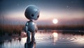 A robot standing in water observing its reflection at sunset