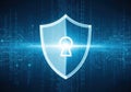 Digital security shield with a lock symbol against a futuristic background Royalty Free Stock Photo