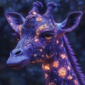 Image depicts a glowing, digitally rendered giraffe with a vibrant, geometric pattern against a dark, blue background