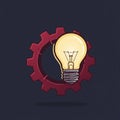 Image depicts a glowing light bulb in front of a crimson gear on a dark background. Royalty Free Stock Photo