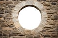 small rounded Gothic arch stone medieval window. Brick, stone wall. Isolated transparent background.