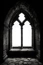 Gothic arch stone medieval window. Brick, stone wall. Isolated transparent background. fantasy medieval tower or dungeon.