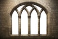 Palace fancy window. Gothic arch stone medieval window. Brick, stone wall. Isolated transparent background.