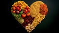 Heart made of healthy foods on black background