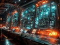 Image depicts a high-tech space station spaceship bridge interior, featuring a large command console and blurred figure Royalty Free Stock Photo
