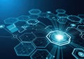 Futuristic digital network of interconnected hexagonal nodes with glowing core Royalty Free Stock Photo