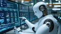 Robot Analyzing Data on Multiple Screens in a Modern Factory Setting Royalty Free Stock Photo