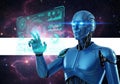Futuristic android interacting with advanced holographic interface in space setting isolated on white background Royalty Free Stock Photo