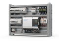 Industrial control panel with programmable logic controller and relays installed inside Royalty Free Stock Photo