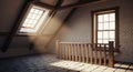 Sunbeams streaming through a skylight into an empty attic with wooden beams and brick walls Royalty Free Stock Photo
