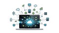 A laptop with a cloud computing concept on its screen surrounded by various digital icons Royalty Free Stock Photo