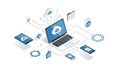 A laptop with cloud storage connected to various devices and data flow Royalty Free Stock Photo