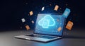 A laptop computer displaying a cloud computing concept with documents floating around Royalty Free Stock Photo