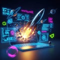 Laptop launching rocket into digital space Royalty Free Stock Photo