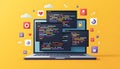 The image depicts a laptop screen with code windows, representing software development Royalty Free Stock Photo