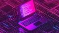 The image depicts a laptop screen with lines of code representing the process of writing software and websites.