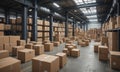 warehouse filled with cardboard boxes stacked on shelves and the floor, with high ceiling and skylights.