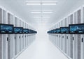 Massive server room with rows of high-performance computing equipment and blue-lit hardware Royalty Free Stock Photo