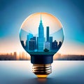 City in a light bulb with a city in the background