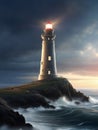 A lighthouse standing tall on a rocky shore, amidst a raging storm.