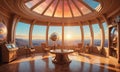 luxurious room with large window, curved ceiling, and panoramic view city skyline at sunset, featuring round Royalty Free Stock Photo