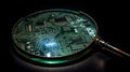 A magnifying glass showing a computer screen detecting hacking attempts created with Generative AI