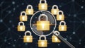A magnifying glass examines a central gold padlock surrounded by multiple smaller locks on a dark background with network Royalty Free Stock Photo