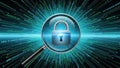 A magnifying glass revealing a digital lock symbol amidst a matrix of binary code Royalty Free Stock Photo