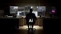 A silhouette of a man sitting in front of multiple computer screens in a dark room with the word Ai on his back Royalty Free Stock Photo