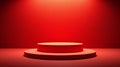 The image depicts a minimalist, circular podium set against an all-red background, illuminated by a single source of light Royalty Free Stock Photo